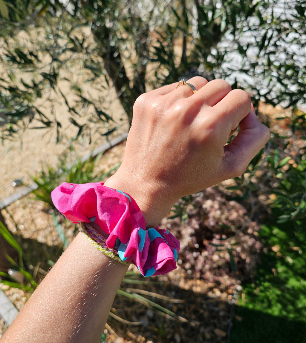 Chouchou léopard rose fushia et turquoise - popeline
