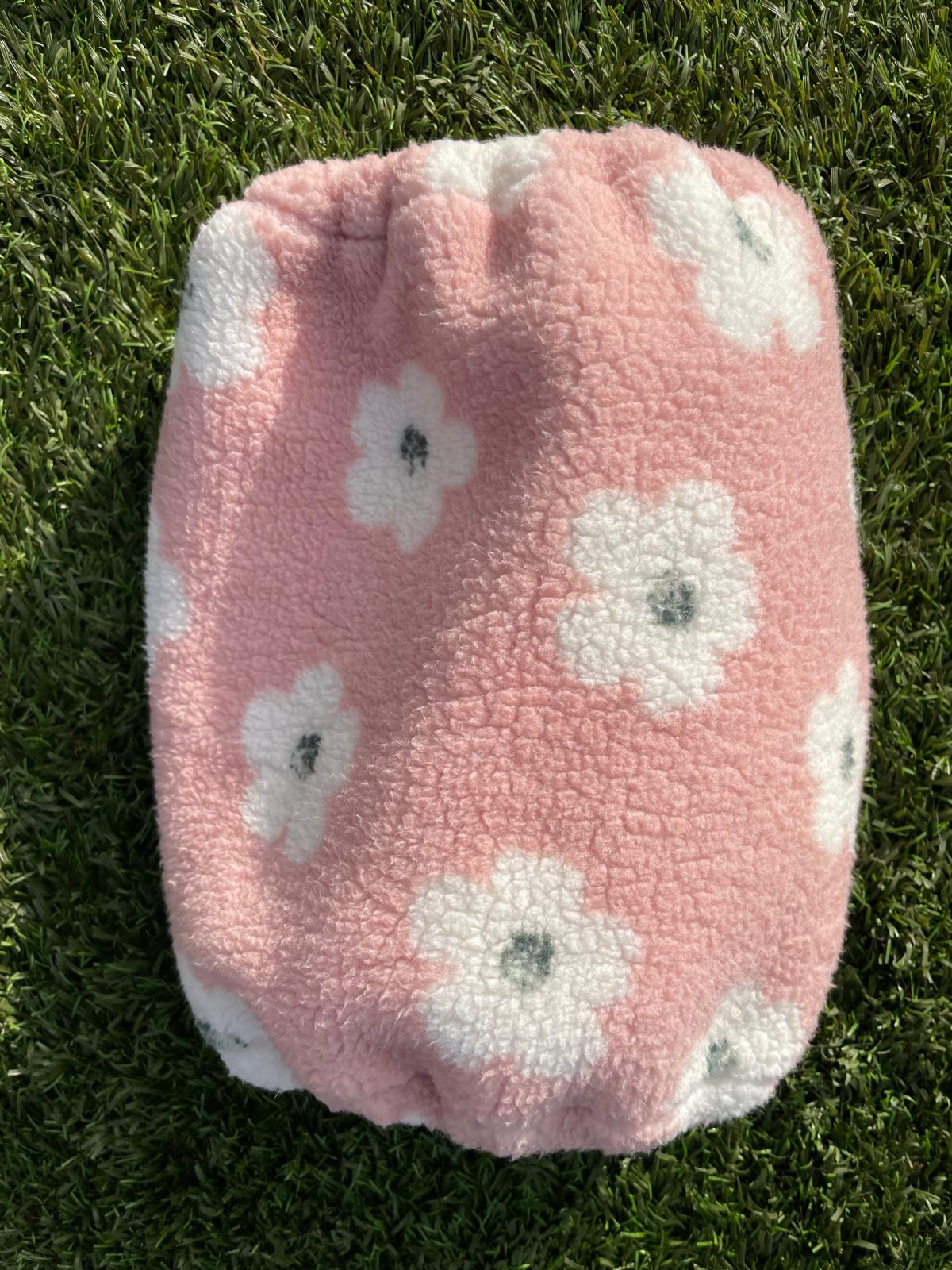 Snood rose avec grosses fleurs blanches - sherpa/teddy
